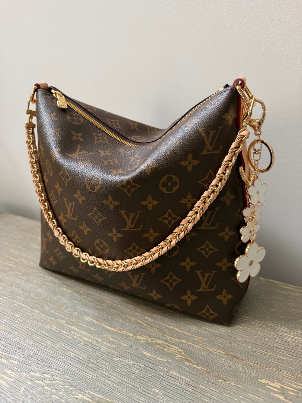 Source Unknown Brown Monogram Hobo Bag with Gold Chain and White Floral Charms